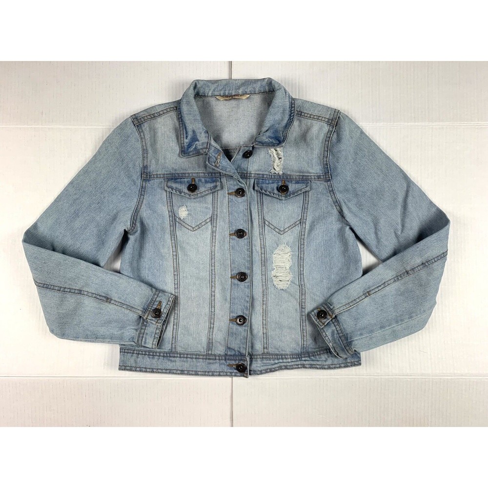 Highway Denim Jacket Women's Medium Blue Jean Trucker Long Sleeve Distressed